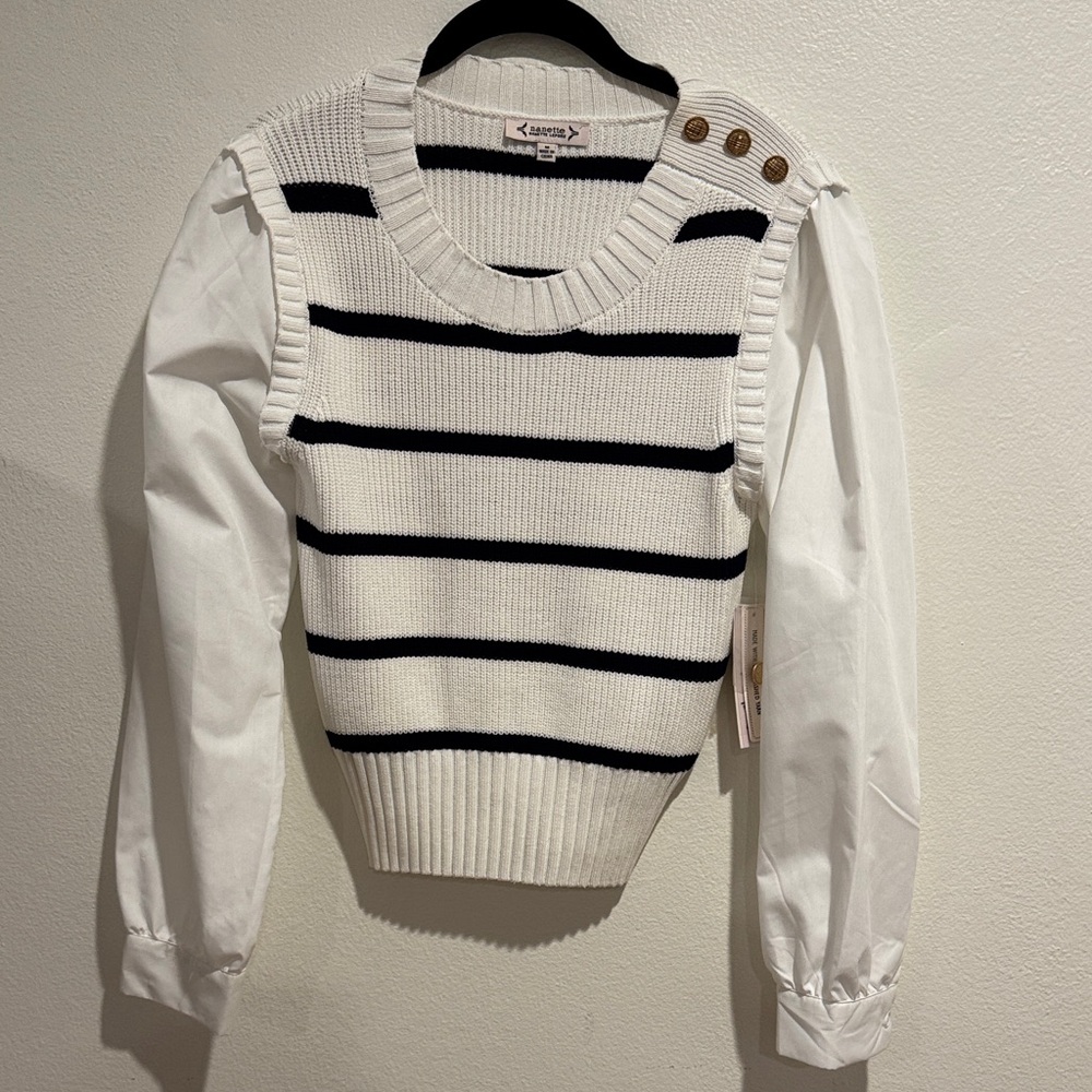 Striped Knit Sweater Vest with White Blouse Detail - White & Navy